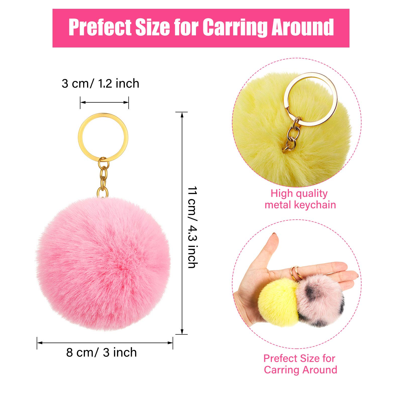 Hicarer 60 Pieces Colorful Poms Keychains Fluffy Ball Faux Fur Keyring for Women (3 Inch)