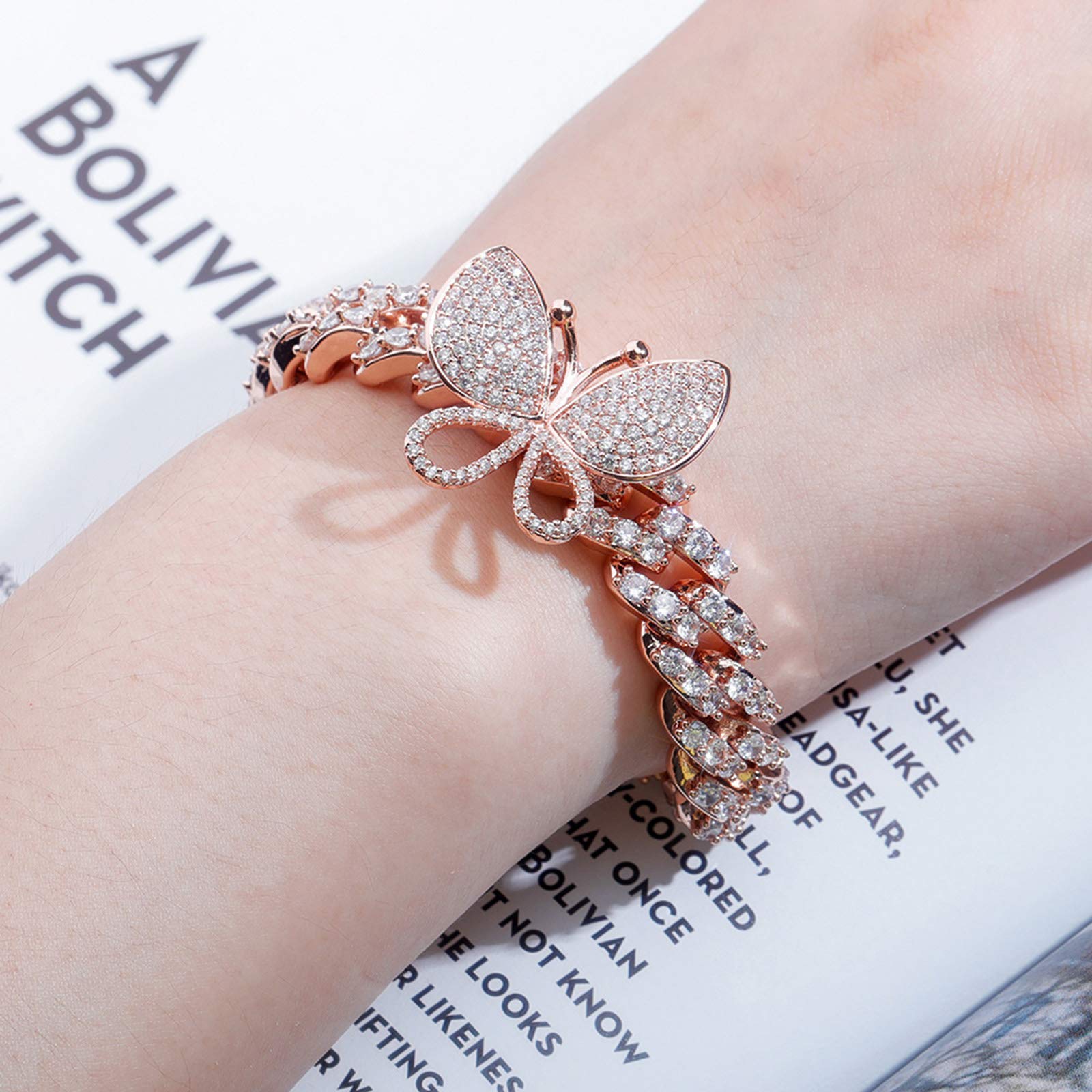 YBMYCM Butterfly Cuban Chain Bracelet Cubic Zircon Crystal Hip Hop Rock Gold Silver Crystal Luxury for Women Rapper Jewelry