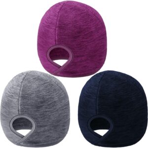 3 pieces women ponytail hat winter warm ski hat outdoor fleece skull cap(purple, light grey, blue)