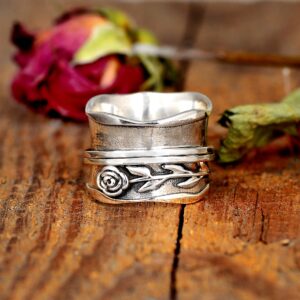 Boho-Magic 925 Sterling Silver Spinner Ring for Women Rose Flower Fidget Anxiety Relief Wide Band (6)