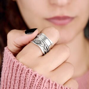 Boho-Magic 925 Sterling Silver Spinner Ring for Women Rose Flower Fidget Anxiety Relief Wide Band (6)