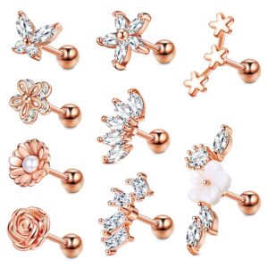 Drperfect Cartilage Stud Earrings for Women 16G Stainless Steel Silver/Rose Gold Plated Conch Helix Tragus Piercing Jewelry