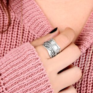 Boho-Magic 925 Sterling Silver Spinner Ring for Women Rose Flower Fidget Anxiety Relief Wide Band (6)