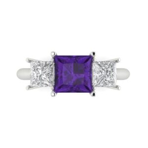 Clara Pucci 3.0 ct Princess Cut 3 Stone Solitaire Genuine Natural Amethyst Engagement Promise Anniversary Bridal Ring 18K White Gold 7