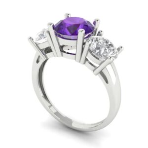 Clara Pucci 3.25 ct Round Cut Solitaire 3 stone Genuine Natural Amethyst Engagement Promise Anniversary Bridal Ring 18K White Gold 9.5