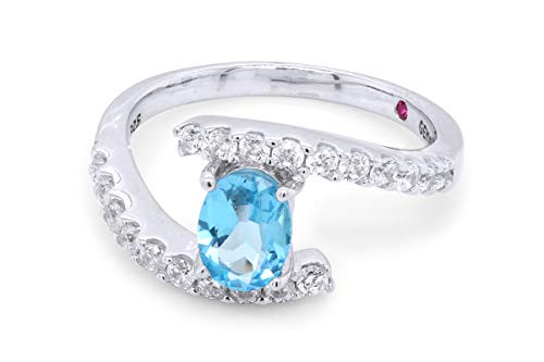 GEMVIO Collection Bypass Design, 5X7MM Oval Blue Topaz Gemstone And Cubic Zirconia Promise Ring In 14k White Gold Over Sterling Silver Sterling Silver Engagement Wedding Ring For Womens Size-6