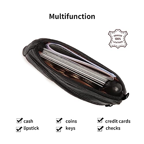 Coin Purse Pouch for Women, Genuine Leather Mini Cash Wallet with Keychain Ring Holder (Black)