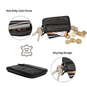 Coin Purse Pouch for Women, Genuine Leather Mini Cash Wallet with Keychain Ring Holder (Black)