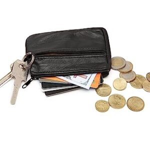 Coin Purse Pouch for Women, Genuine Leather Mini Cash Wallet with Keychain Ring Holder (Black)