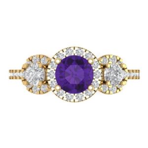 Clara Pucci 1.75ct Round Cut Halo Solitaire 3 stone Genuine Natural Amethyst Engagement Promise Anniversary Bridal Ring 18K Yellow Gold 6