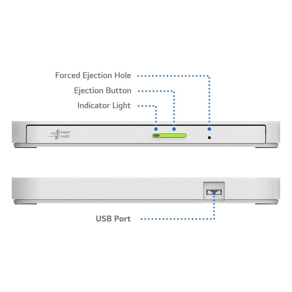 Hitachi LG External CD/DVD Drive | Portable Player Burner for Laptop, PC, Smartphone | USB Type-C | Multi OS (Window, Mac, Android, Fire) (White)