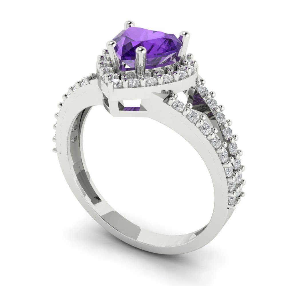 Clara Pucci 1.75ct Heart Cut Solitaire Genuine Natural Purple Amethyst Engagement Promise Anniversary Bridal Ring 18K White Gold 10.5