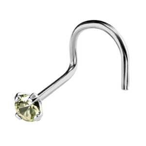 jewelry avalanche 22g solid 14kt gold nose screw stud with prong set real peridot gemstone, 14kt yellow gold or 14kt white gold - august birthstone nose ring-nswg_pd-2mm