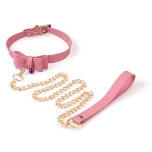 leweceeo pu leather kitty bell collar choker cosplay bowknot collar choker with golden chain leash for women girls (pink)