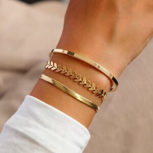 NUZON Gold Snake Chain Bracelet for Women 18K Gold Plated Adjustable 5MM Flat Flexible Herringbone Link Bracelet Charm Minimalist Jewelry