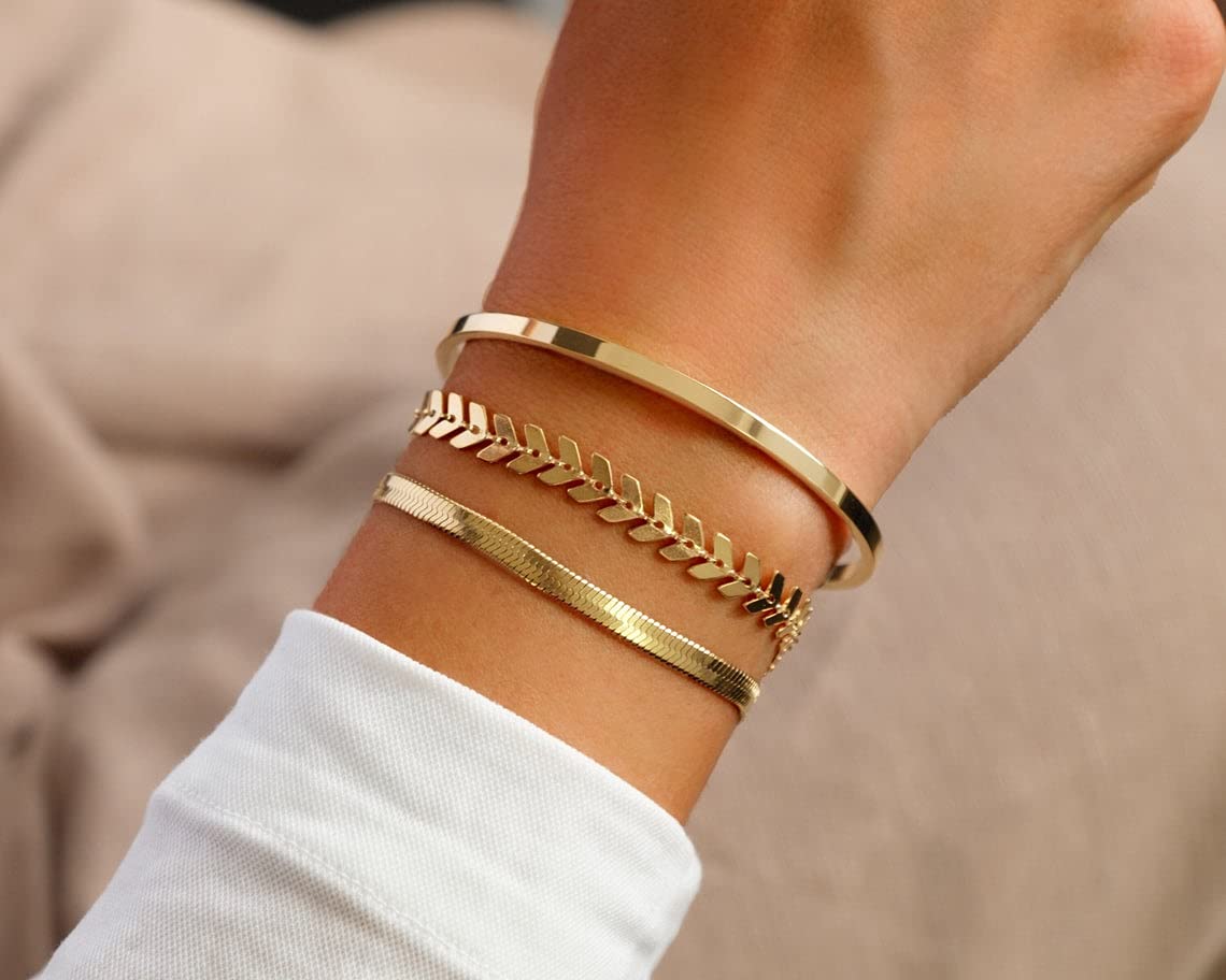 NUZON Gold Snake Chain Bracelet for Women 18K Gold Plated Adjustable 5MM Flat Flexible Herringbone Link Bracelet Charm Minimalist Jewelry