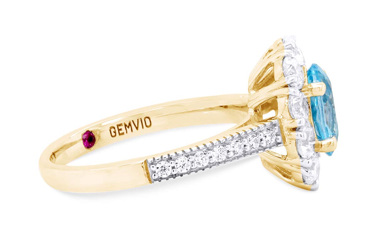 GEMVIO Collection 3 1/2 CT Cluster Halo Design, 6X8MM Oval Blue Topaz & Cubic Zirconia Ring 14k Yellow Gold Over Sterling Silver Engagement Wedding Promise Ring For Womens (3.50Cttw) Ring Size-7.5