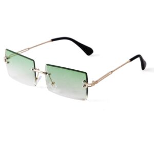 ADE WU Rimless Rectangle Sunglasses for Women Men,Trendy 90s Fashion Gradient Green Lens Frameless Glasses