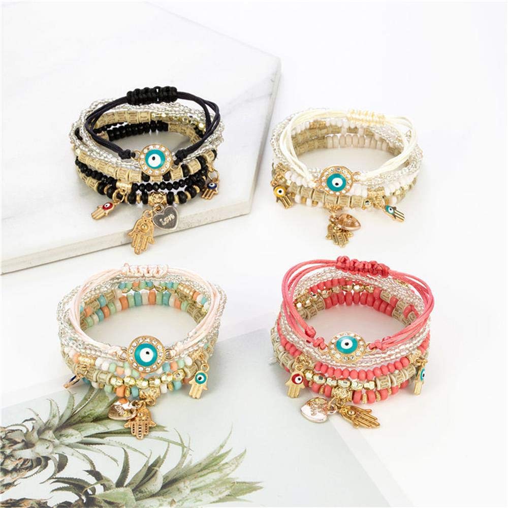 4 Sets Bohemian Stretch Beads Bracelets Multilayer Evil Eye Hamsa Hand Bracelet Boho Charms Stretch Stackable Bracelet Handmade Multicolor Crystal Beaded Lucky Protection Bangles Bracelet Set-4Sets