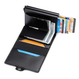 YWHBK Carbon Fiber Leather Card Holder, Men Credit Card Holder, Slim Metal Card Case Front Pocket Anti-theft-RFID Auto Pop up Travel Thin Wallets for Men (Black)