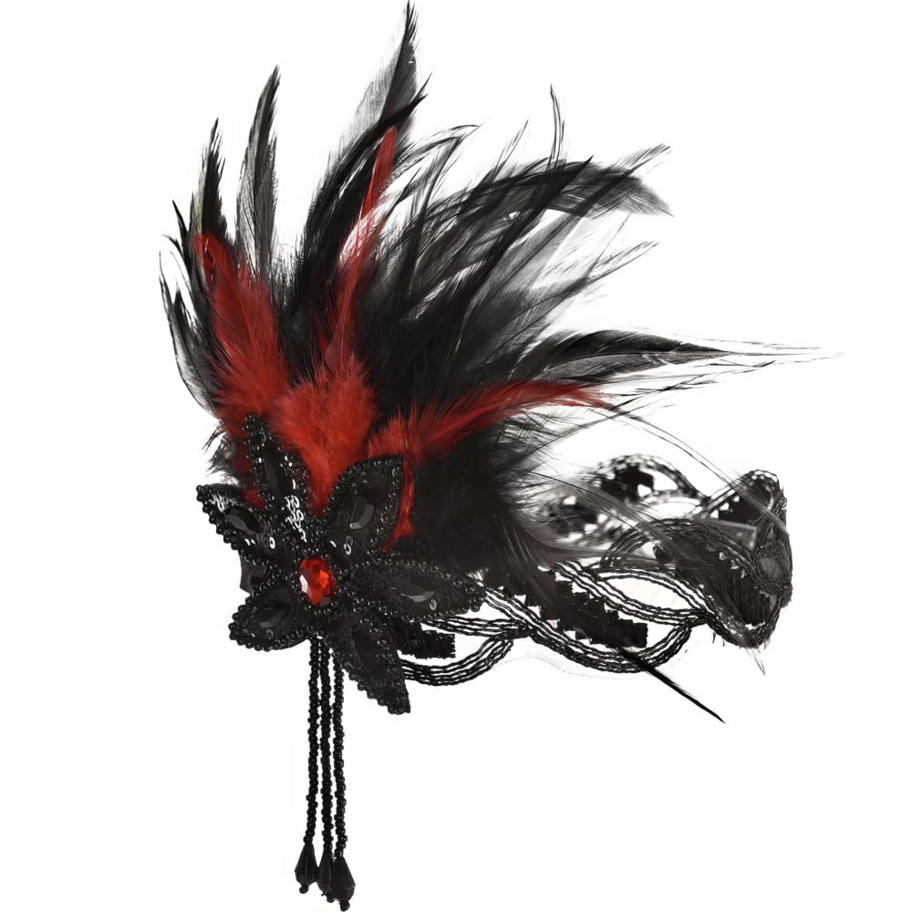 Stunning Gatsby Black & Red Sequin & Feather Headband - One Size Fits All - (Pack Of 1) - Elegant 1920s Flapper Style Accessory