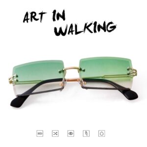 ADE WU Rimless Rectangle Sunglasses for Women Men,Trendy 90s Fashion Gradient Green Lens Frameless Glasses