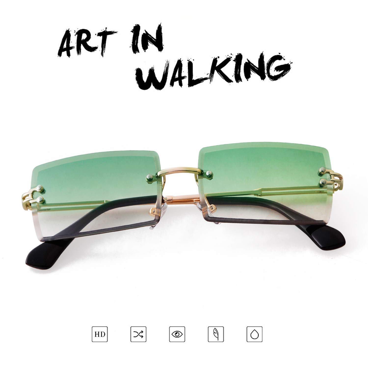 ADE WU Rimless Rectangle Sunglasses for Women Men,Trendy 90s Fashion Gradient Green Lens Frameless Glasses