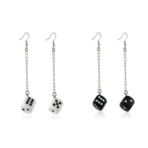 2 Pairs Dice Dangle Earring Punk Hiphop Acrylic Black White Cube Square Dice Charm Drop Earrings Contracted Sieve Disco Dancing Geometric Dice Earrings Night Club Party Jewelry for Women - Long