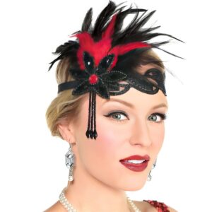 Stunning Gatsby Black & Red Sequin & Feather Headband - One Size Fits All - (Pack Of 1) - Elegant 1920s Flapper Style Accessory