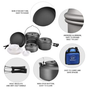 Bulin 13Pcs Camping Cookware Mess Kit, Nonstick Backpacking Cooking Set, Outdoor Cook Gear for Family Hiking, Picnic Lightweight Cookware Sets(Kettle, Pots, Frying Pan, BPA-Free Bowls, Plates, Spoon)