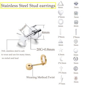 Flat Back Earrings Hypoallergenic,18 Pairs Stainless Steel Flat Back Stud Earrings for Women Men 20G Star Moon Heart Disc Ball CZ Cartilage Earrings Screw Back Flatback Earrings for Sensitive Ears