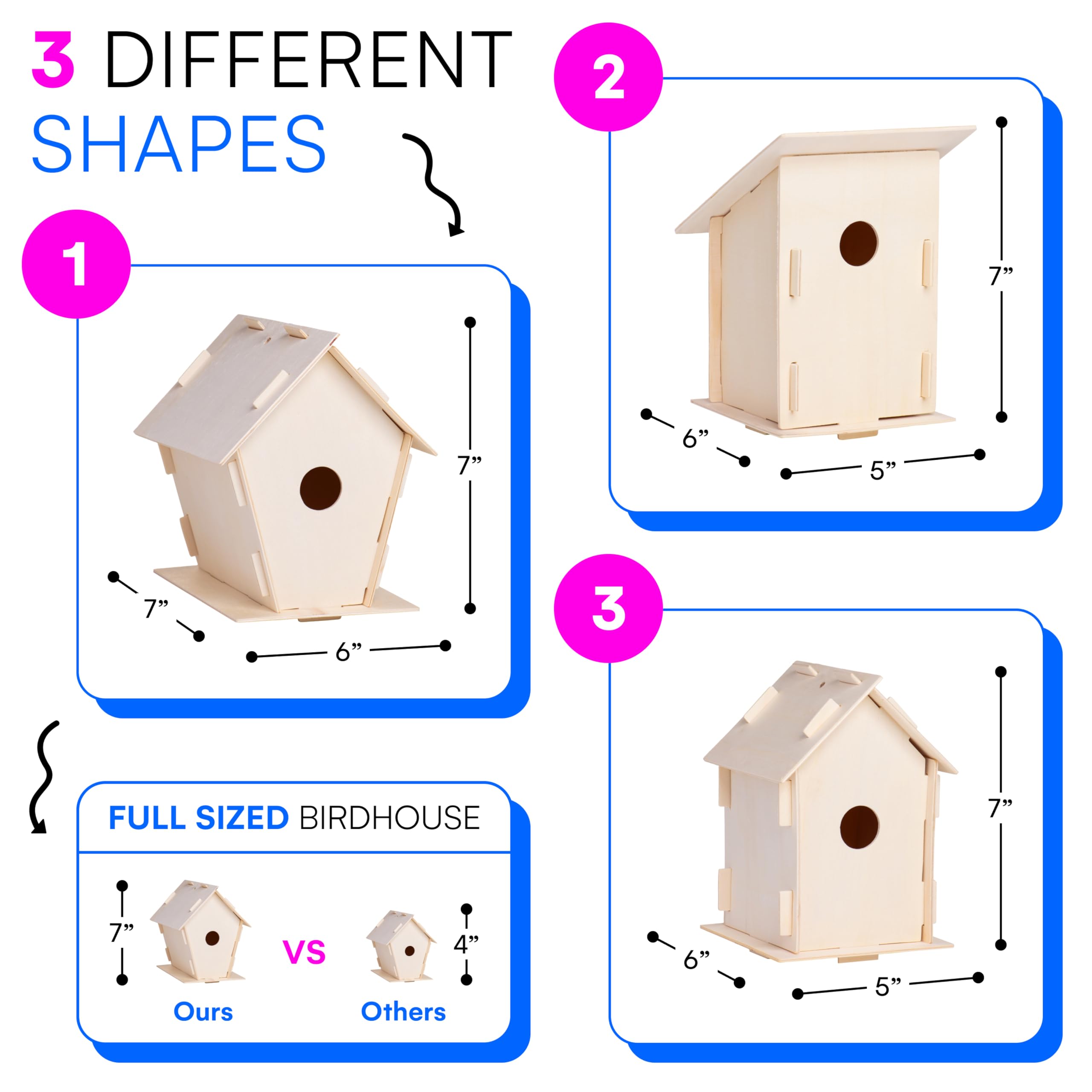 Neliblu DIY 12 Wooden Bird Houses - Creative Arts and Crafts Set for Kids and Adults - Unfinished Wood Birdhouse Kits with Paint Strips, Brushes, Stickers, and Strings - 3 Different Shapes, 2 Sizes