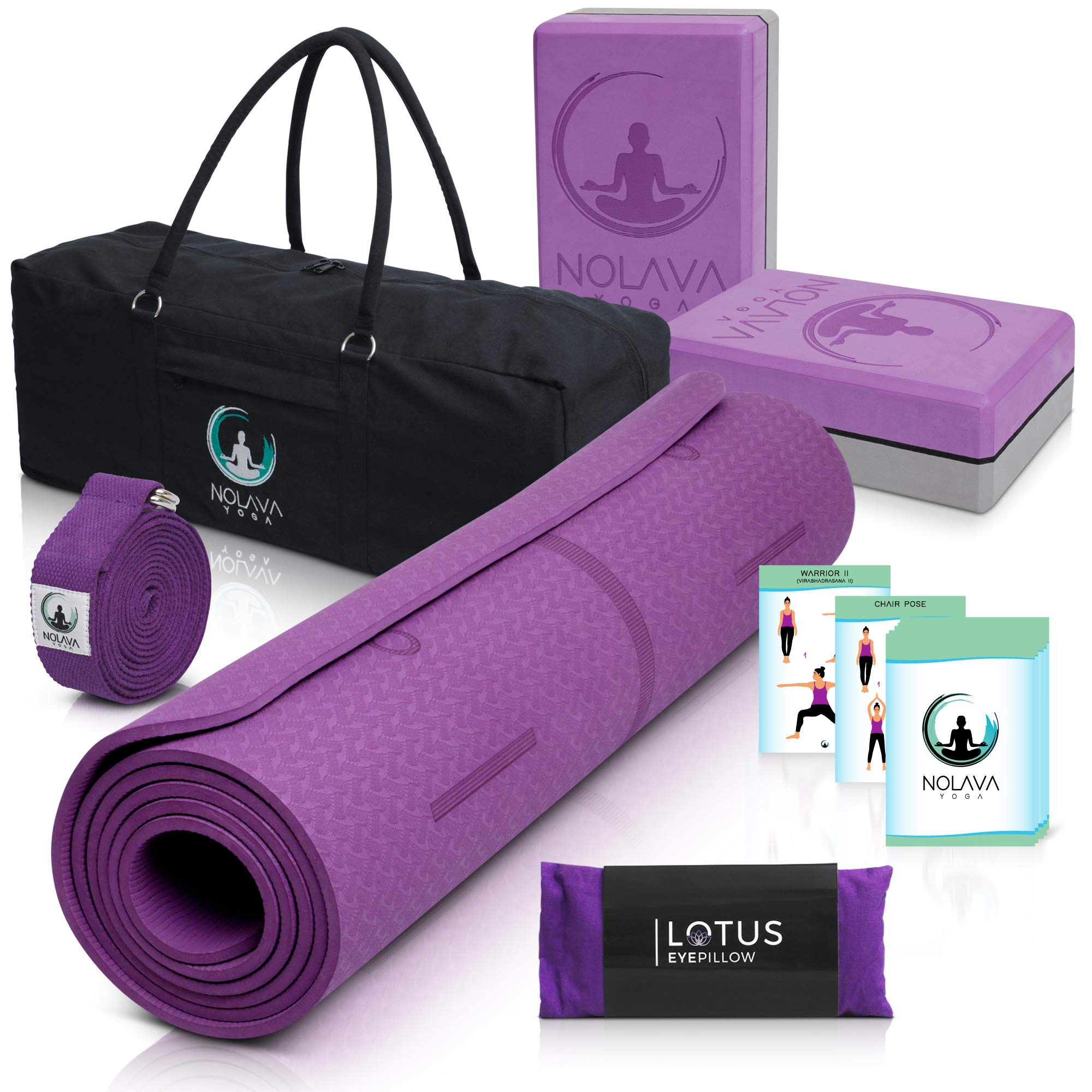 NOLAVA 7 Piece Yoga MAT Set - Yoga Mat Bag for Yoga Accessories|TPE thick Yoga Mat | Yoga Blocks 2 Pack | Yoga Strap |Weighted Lavender Eye Pillow| Yoga Cards| Ideal Gift for Yoga Beginners