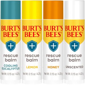 Burt's Bees 100% Natural Origin Rescue Lip Balm, Cooling Eucalyptus, Lemon, Honey, Unscented, 4 Tubes, Pack May Vary