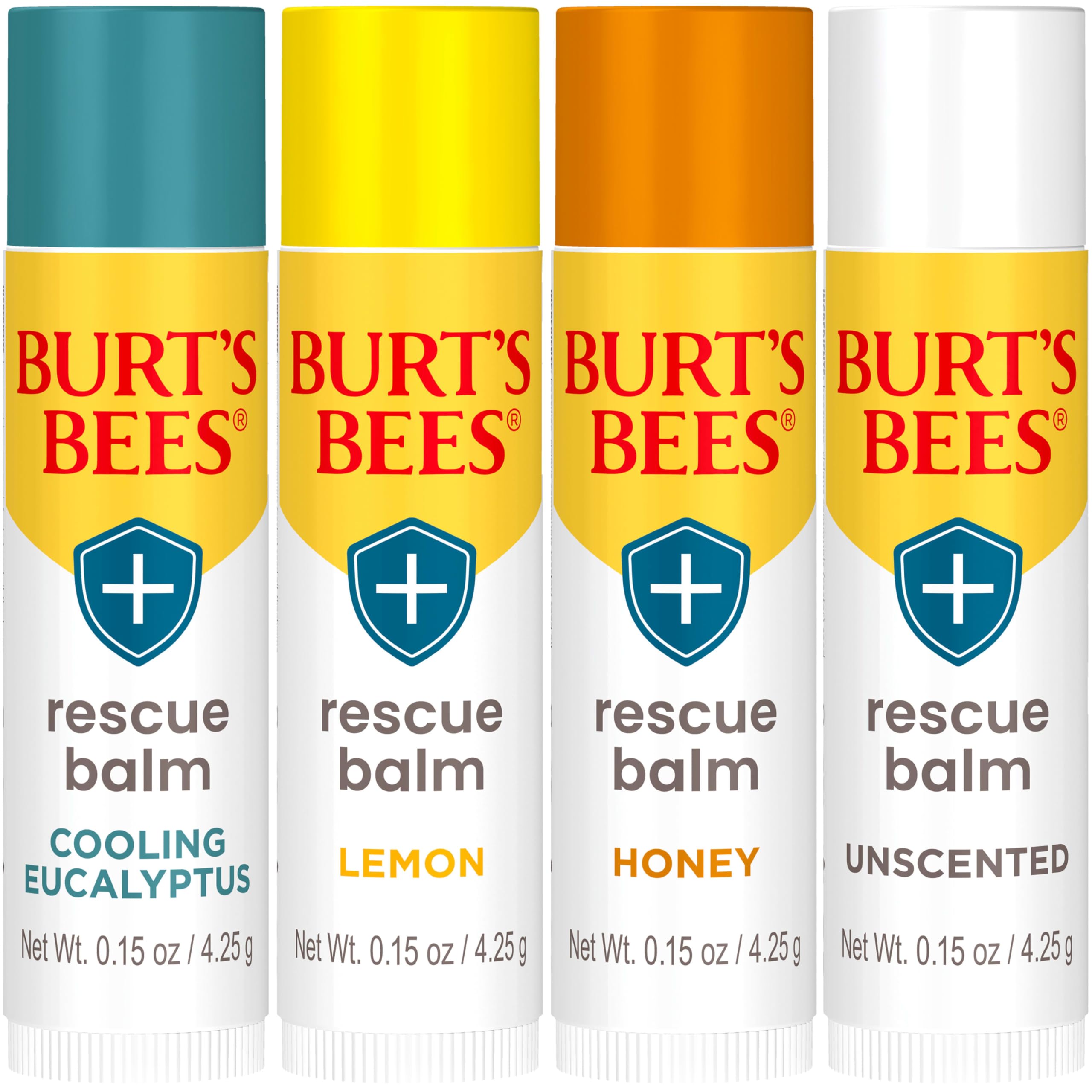 Burt's Bees 100% Natural Origin Rescue Lip Balm, Cooling Eucalyptus, Lemon, Honey, Unscented, 4 Tubes, Pack May Vary