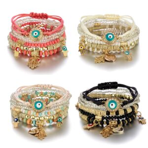 4 sets bohemian stretch beads bracelets multilayer evil eye hamsa hand bracelet boho charms stretch stackable bracelet handmade multicolor crystal beaded lucky protection bangles bracelet set-4sets