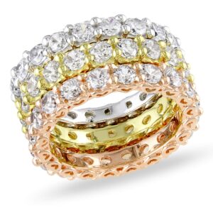 abbie+cleo 10 4/5 ct tgw women's cubic zirconia ring - anillo de mujer - 925 sterling silver - 3 tone rose, yellow and white plated sterling silver - eternity band (round shape - size 9)