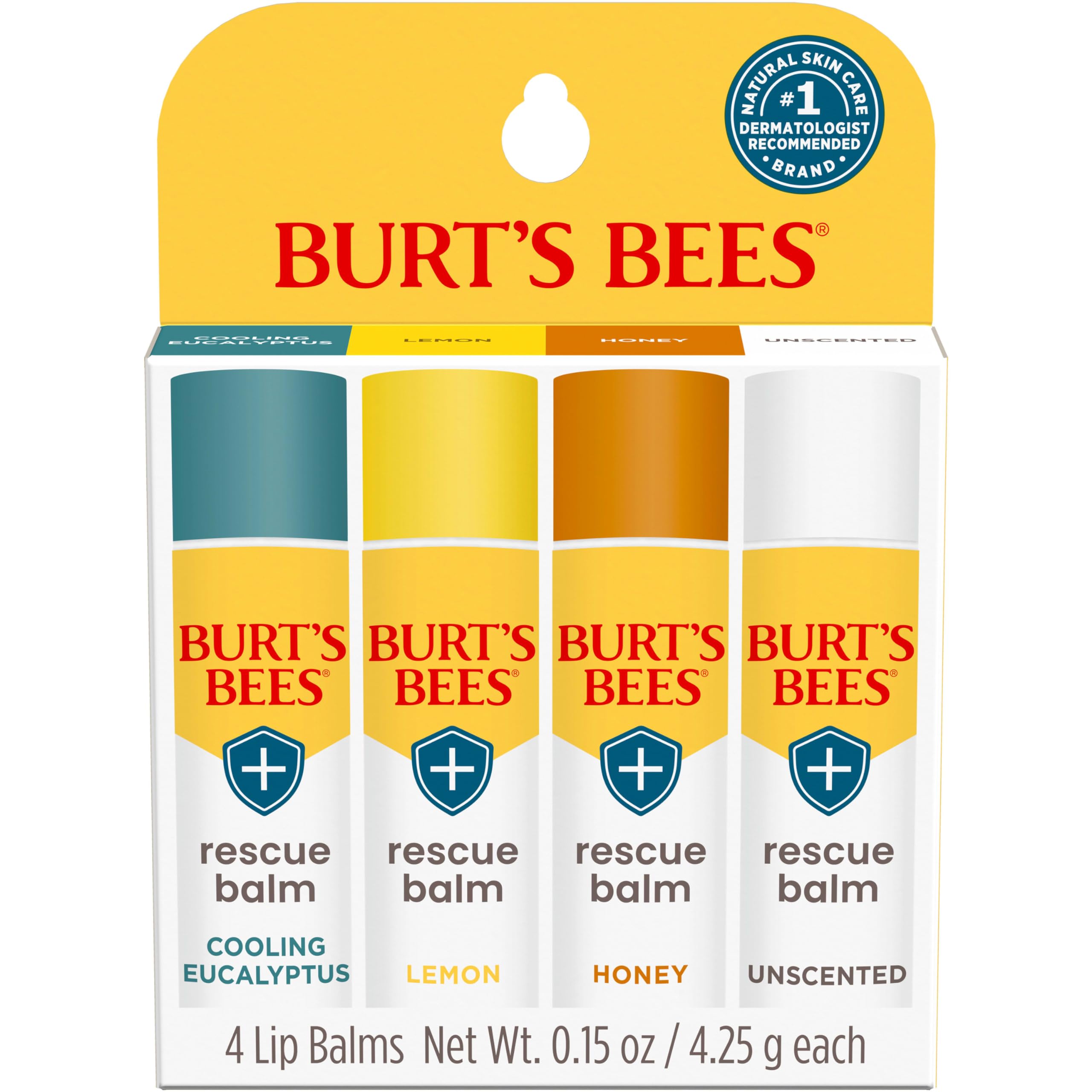 Burt's Bees 100% Natural Origin Rescue Lip Balm, Cooling Eucalyptus, Lemon, Honey, Unscented, 4 Tubes, Pack May Vary