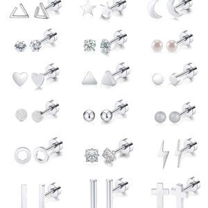 Flat Back Earrings Hypoallergenic,18 Pairs Stainless Steel Flat Back Stud Earrings for Women Men 20G Star Moon Heart Disc Ball CZ Cartilage Earrings Screw Back Flatback Earrings for Sensitive Ears