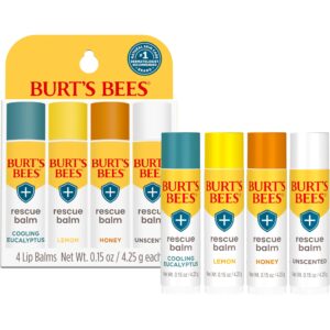 Burt's Bees 100% Natural Origin Rescue Lip Balm, Cooling Eucalyptus, Lemon, Honey, Unscented, 4 Tubes, Pack May Vary