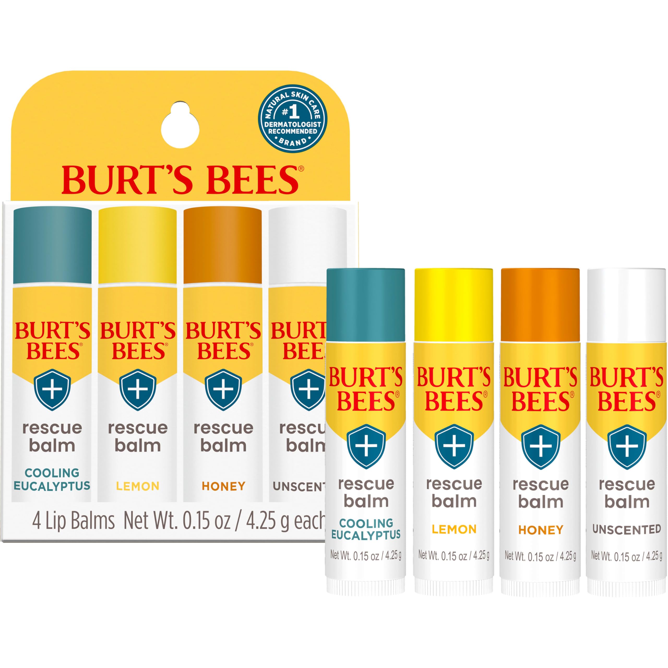 Burt's Bees 100% Natural Origin Rescue Lip Balm, Cooling Eucalyptus, Lemon, Honey, Unscented, 4 Tubes, Pack May Vary