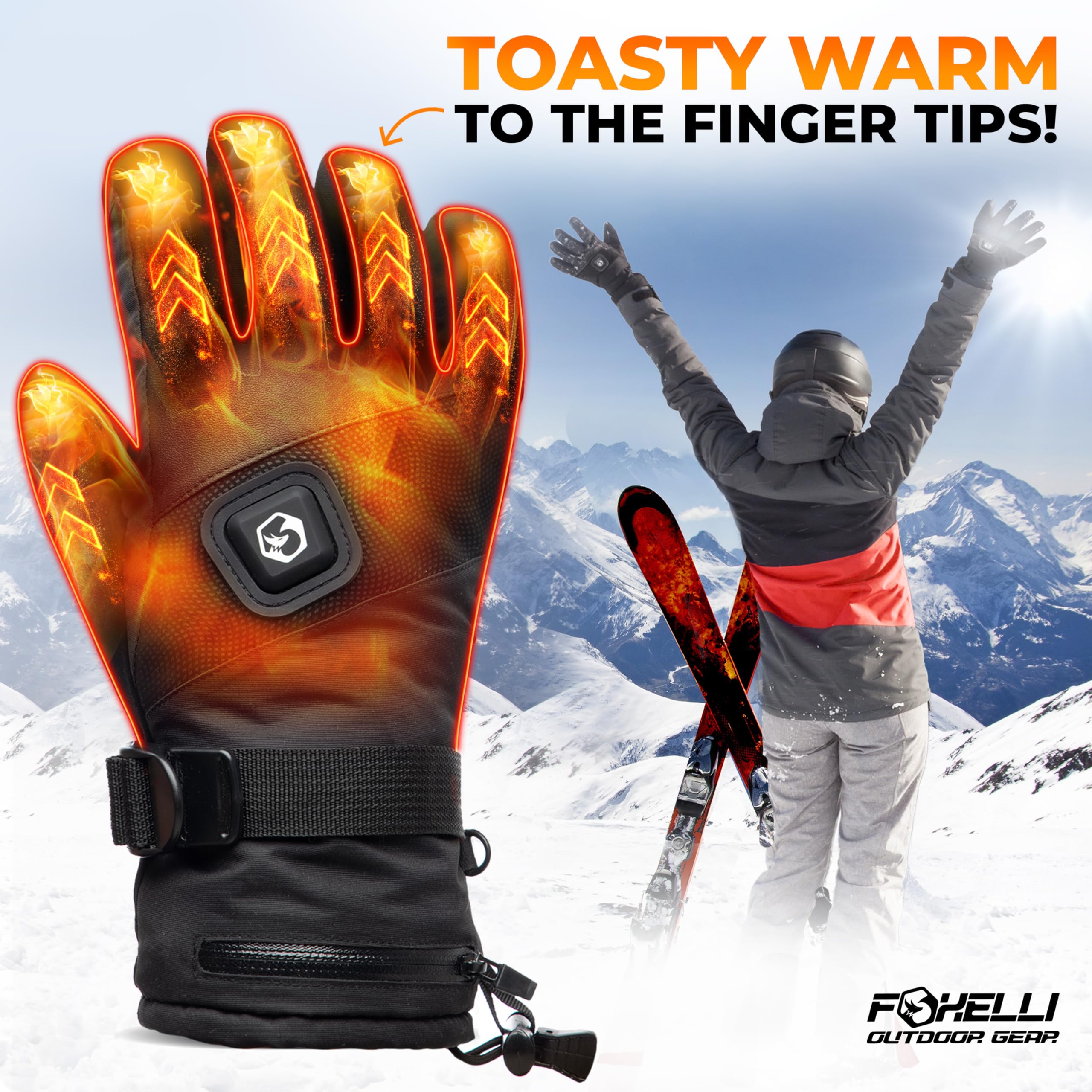 Foxelli Heated Gloves for Men & Women - 3 Heat Settings, Touchscreen Compatible, Rechargeable Waterproof Electric Gloves for Winter Outdoor Sports