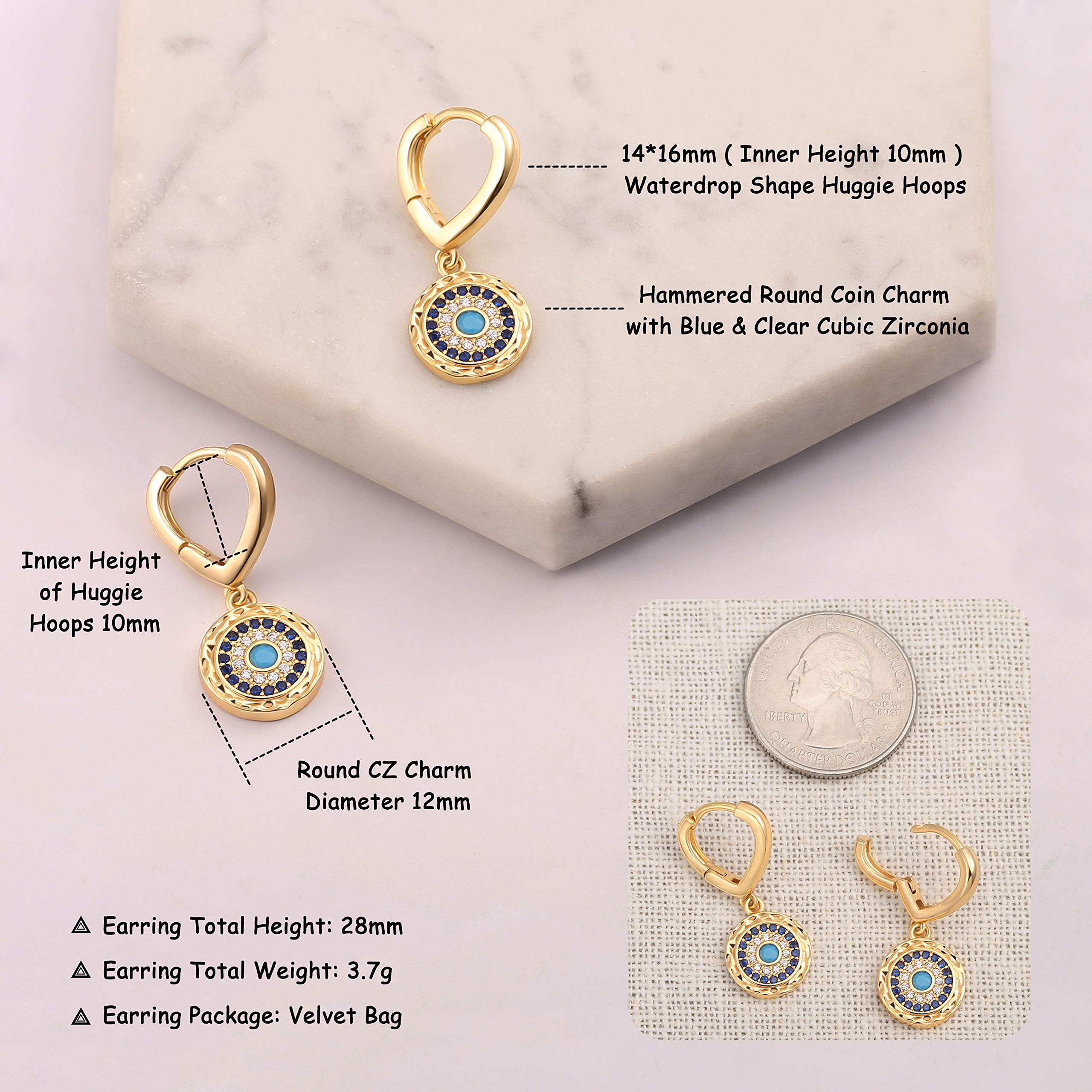 PEARLADA 18K Gold Round Evil Eye Dangle Hoop Earrings for Women Small Micro-inlaid Cubic Zirconia Charm Jewelry Fashion Hammered Coin Earrings