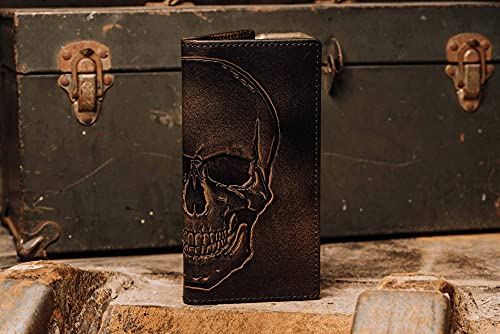 House of Jack Co. SKULL Long Wallet For Men | Full Grain Leather with Hand Burnished Finish | Long Bifold Wallet | Rodeo Wallet | Biker Gift