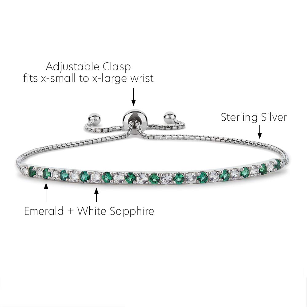 Tirafina Lab-Created Emerald and Lab-Created White Sapphire Adjustable Bolo Bracelet, Sterling Silver, Easy-On Easy-Off (6, 7 and 8 inch Wrist Size)