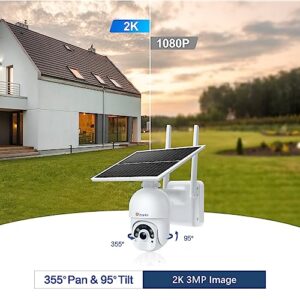 Ctronics 3MP Solar Security Camera Wireless Outdoor WiFi, PTZ Surveillacne Camera Battery-Powered for Home Security, 360° View, Spotlight Color Night Vision, PIR Human Detection, 2-Way Audio (White)