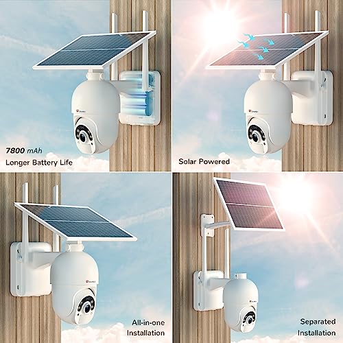 Ctronics 3MP Solar Security Camera Wireless Outdoor WiFi, PTZ Surveillacne Camera Battery-Powered for Home Security, 360° View, Spotlight Color Night Vision, PIR Human Detection, 2-Way Audio (White)