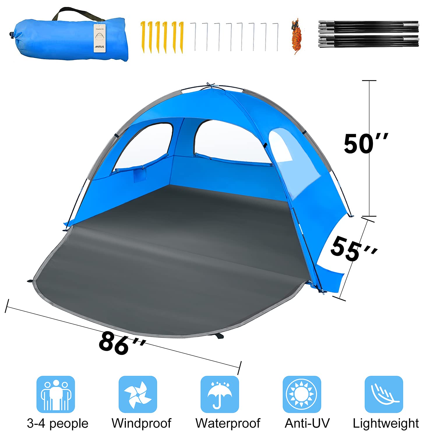 MIRUS Beach Tent, 2-3 Person Sun Shade Shelter with UPF50+ Protection Extended Floor & 3 Ventilating Roll Up Windows Carrying Bag Stakes and Tiedown Strings, Sky Blue