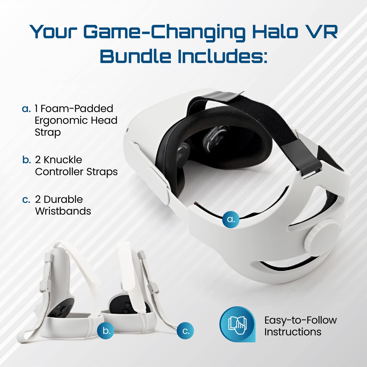 Halo VR for Meta Quest 2, Accessories Bundle - Head Strap Plus 2 Knuckle Straps & 2 Anti-Drop Wristbands - Adjustable for Ultimate Comfort, Oculus/Meta Quest 2 Not Included