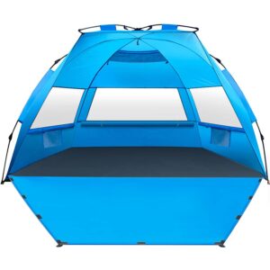 mirus pop up beach tent, deluxe xl sun shade shelter for 3-4 person with upf50+ protection, extendable floor & 3 ventilating windows carrying bag stakes and guy lines